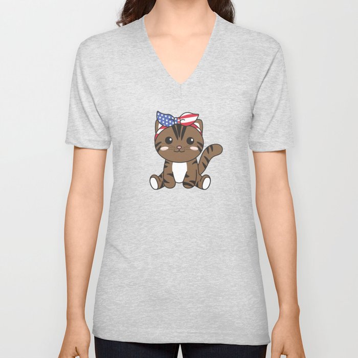 4th Of July American Cat For Kids Cute Usa Cat V Neck T Shirt