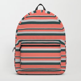 [ Thumbnail: Light Grey, Dark Slate Gray & Salmon Colored Stripes/Lines Pattern Backpack ]