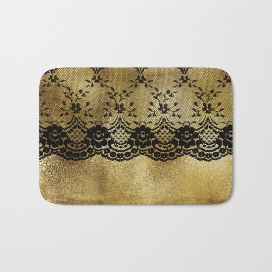 Black floral elegant lace on gold metal background- #Society6 Bath Mat