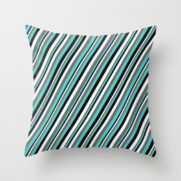 [ Thumbnail: White, Dim Gray, Turquoise, and Black Colored Lined Pattern Throw Pillow ]