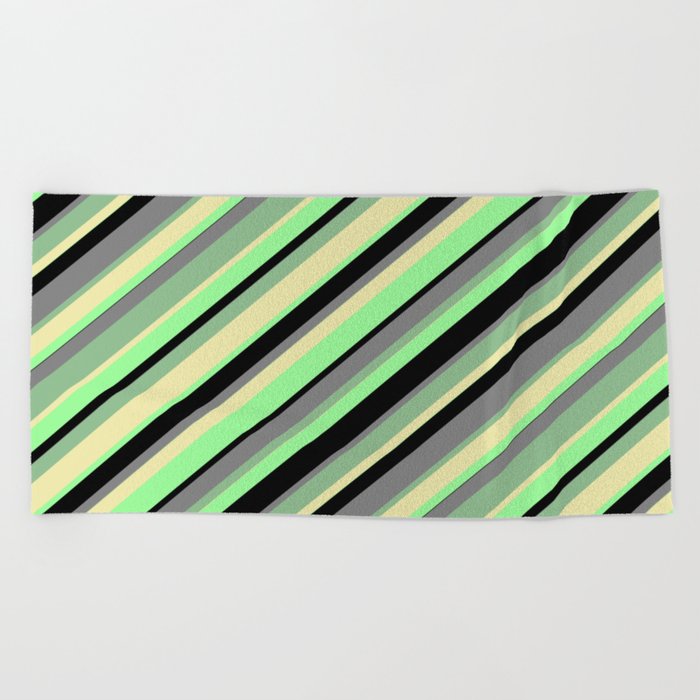 Eye-catching Dark Sea Green, Pale Goldenrod, Green, Black, and Gray Colored Stripes Pattern Beach Towel