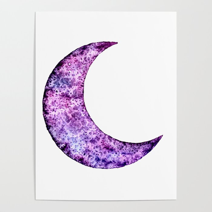 Purple Crescent Moon Watercolour Galaxy Poster