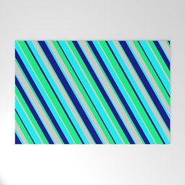 [ Thumbnail: Light Gray, Cyan, Dark Blue & Green Colored Lines Pattern Welcome Mat ]