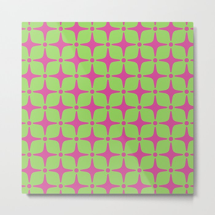 Colorful Mid Century Modern Star Pattern 948 Hot Pink and Chartreuse Green Metal Print