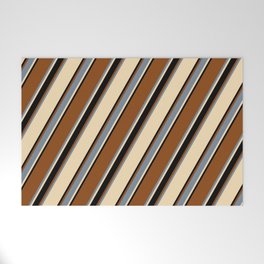 [ Thumbnail: Brown, Light Slate Gray, Tan, and Black Colored Lined/Striped Pattern Welcome Mat ]