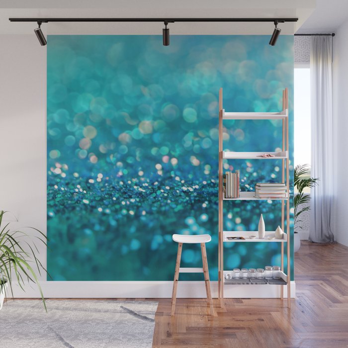 Teal turquoise blue shiny glitter print effect - Sparkle Luxury Backdrop Wall Mural