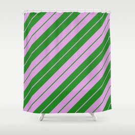 [ Thumbnail: Plum and Forest Green Colored Pattern of Stripes Shower Curtain ]