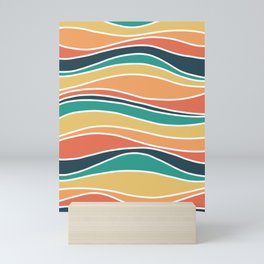 Retro Wavy Lines Pattern Teal, Orange, Yellow and White Mini Art Print