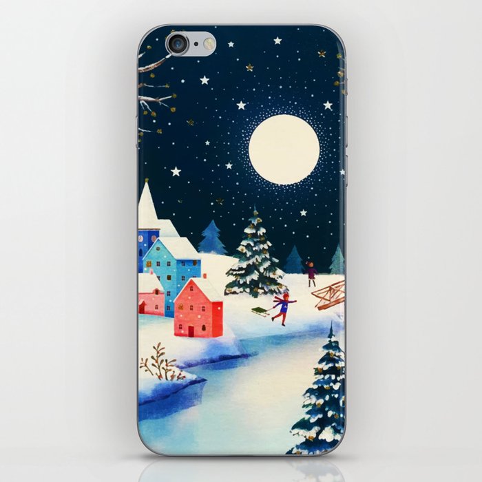 Festive Blue Winter Snow Village iPhone Skin