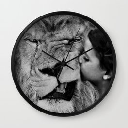 Grouchy Lion being kissed by brunette girl black and white photography Wall Clock