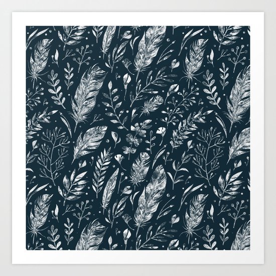 Feathers And Leaves Abstract Pattern Black And White Art Print