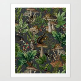 Vintage Wildlife Mushrooms And Forest Wild Animals Botanical Garden Art Print