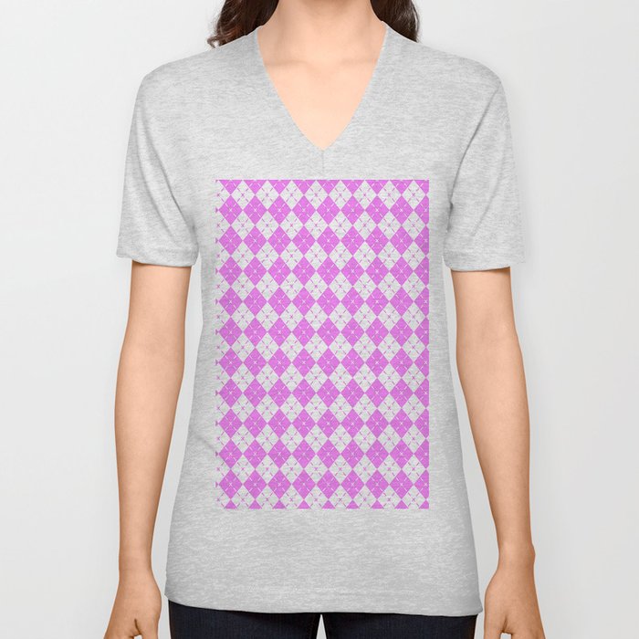 Light Magenta Pink Argyle Diamond Pattern V Neck T Shirt