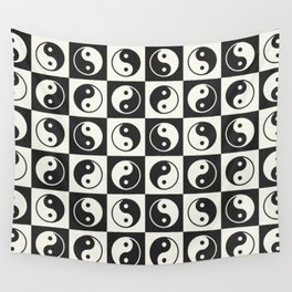 Checkered Yin Yang Pattern (Creamy Milk & Dark Charcoal Color Palette) Wall Tapestry