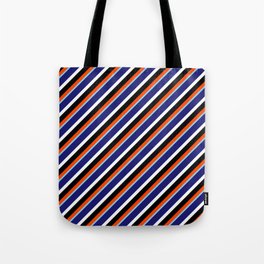 [ Thumbnail: Red, Sky Blue, Midnight Blue, White, and Black Colored Lines/Stripes Pattern Tote Bag ]