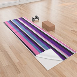 [ Thumbnail: Eyecatching Indigo, Blue, Hot Pink, Lavender, and Black Colored Lines Pattern Yoga Towel ]