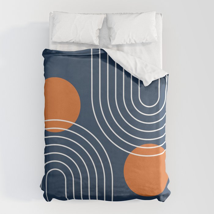 Mid Century Modern Geometric 83 in Navy Blue and Orange (Rainbow and Sun  Abstraction) Duvet Cover by nineFlorals