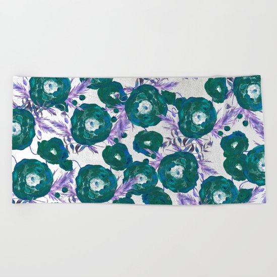 Abstract Poppy Pattern Green Beach Towel