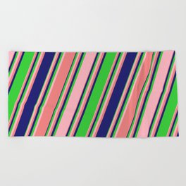 [ Thumbnail: Lime Green, Light Pink, Light Coral & Midnight Blue Colored Lines/Stripes Pattern Beach Towel ]