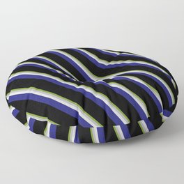 [ Thumbnail: Vibrant Green, Dark Gray, Light Grey, Midnight Blue, and Black Colored Pattern of Stripes Floor Pillow ]
