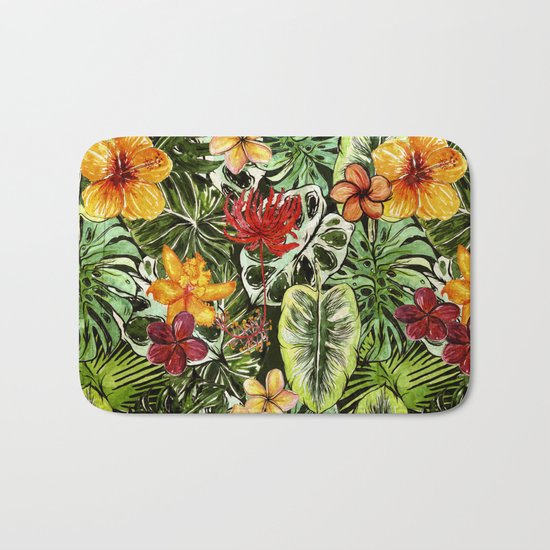 Tropical Vintage Exotic Jungle Flower Flowers - Floral watercolor pattern1on #Society6 Bath Mat