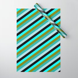 [ Thumbnail: Vibrant Green, Light Sea Green, Powder Blue, Black & Aqua Colored Pattern of Stripes Wrapping Paper ]