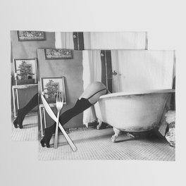 Head Over Heals - Female in Stockings in Vintage Parisian Bathtub black and white photography - photographs wall decor Placemat | Nude, Photographs, Pinup, Black And White, Stockings, Bathroom, Art, Black, Babydoll, Boudoir 