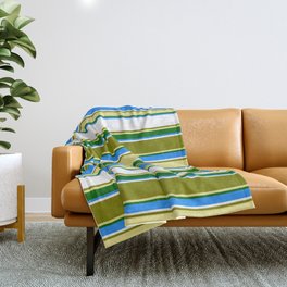 [ Thumbnail: Eyecatching Green, Tan, Dark Green, Blue, and White Colored Lines Pattern Throw Blanket ]