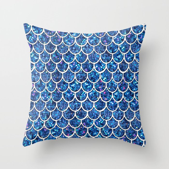 Sparkly Blue Glitter Mermaid Scales Throw Pillow