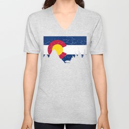 Colorado Flag and Mountains V Neck T Shirt