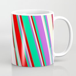 [ Thumbnail: Colorful Orchid, Green, Red, Light Gray, and Beige Colored Striped/Lined Pattern Coffee Mug ]