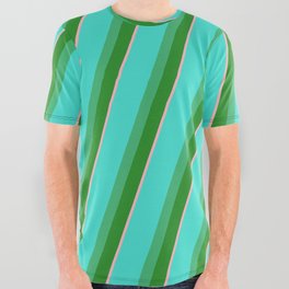 [ Thumbnail: Turquoise, Sea Green, Forest Green, and Light Pink Colored Pattern of Stripes All Over Graphic Tee ]