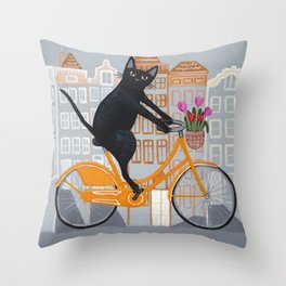 Amsterdam Cat Bicycle Ride Throw Pillow