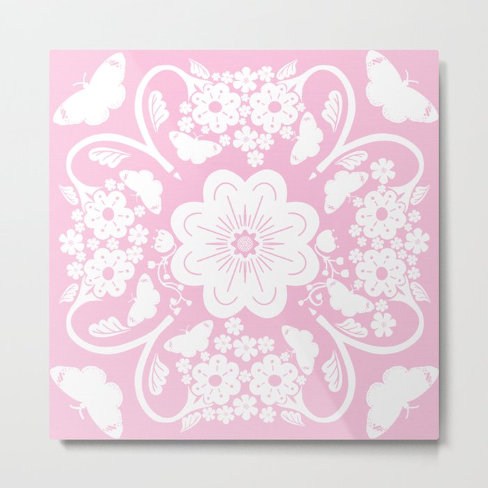 Pink Retro Modern Butterflies And Flowers Bandana Silhouette Pretty Cottagecore Cottage Pattern Metal Print