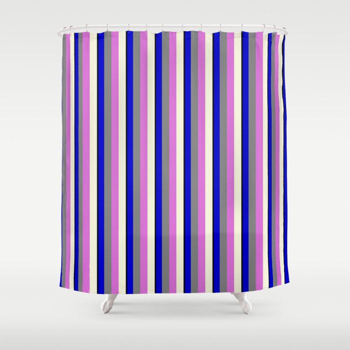 Vibrant Black, Blue, Grey, Orchid, and Beige Colored Striped/Lined Pattern Shower Curtain