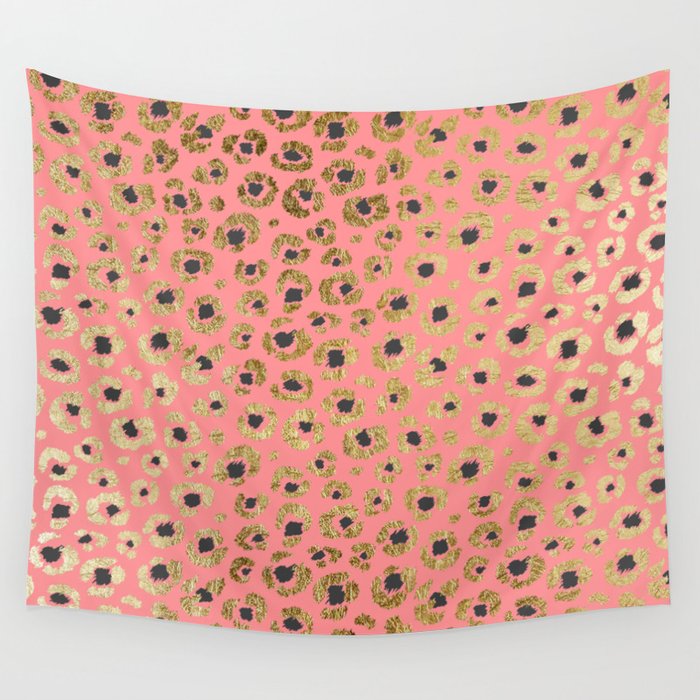 Chic Faux Gold and Black Cheetah Print on Coral Wall Tapestry