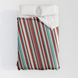 [ Thumbnail: Turquoise, Maroon, Brown & Mint Cream Colored Pattern of Stripes Duvet Cover ]