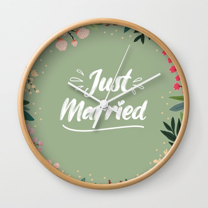 White Just Married On Leaf Green Background Pattern Wall Clock