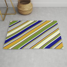 [ Thumbnail: Eyecatching Blue, Goldenrod, Green, Grey & Light Yellow Colored Pattern of Stripes Rug ]