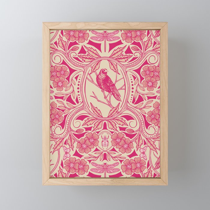Hot Pink/Red & Cream Crow & Dragonfly Floral Framed Mini Art Print