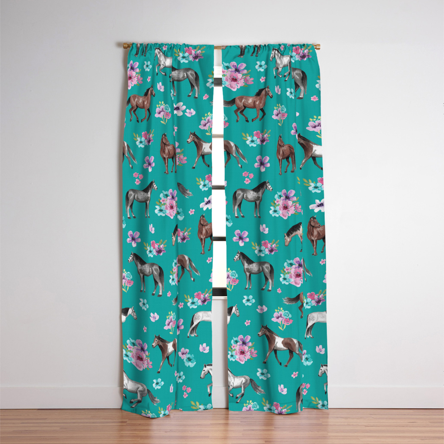 Horse Pattern Floral Print Turquoise Little Girls Room Horses Blackout Curtain By Cateandrainn