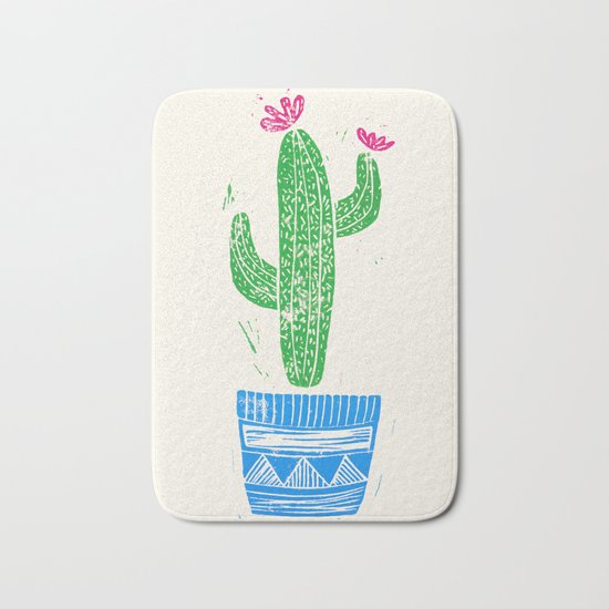 Linocut Cactus #2 in a pot Bath Mat