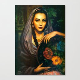 Painting of a Mexican Calendar Girl with Dark Shawl Canvas Print