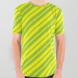 [ Thumbnail: Green and Yellow Colored Stripes/Lines Pattern All Over Graphic Tee ]