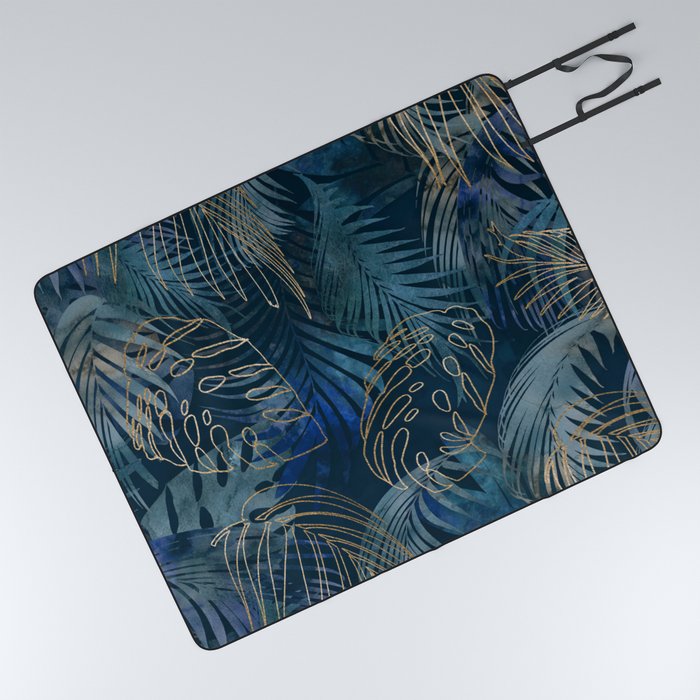 Mystic Jungle Monstera And Palm Leaves Blue And Gold Picnic Blanket