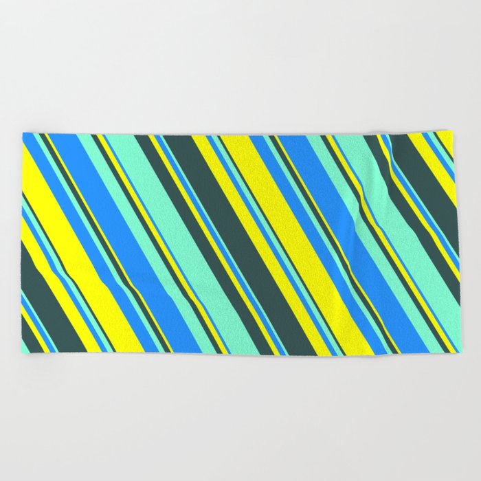 Blue, Yellow, Dark Slate Gray, and Aquamarine Colored Lines Pattern Beach Towel