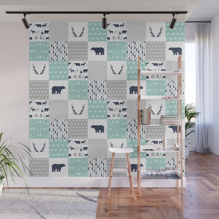 Camper antlers bears pattern minimal nursery basic navy mint white camping cabin chalet decor Wall Mural