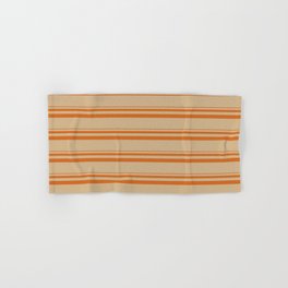 [ Thumbnail: Chocolate and Tan Colored Lined/Striped Pattern Hand & Bath Towel ]