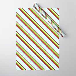 [ Thumbnail: Chartreuse, Red & Light Cyan Colored Lined/Striped Pattern Wrapping Paper ]