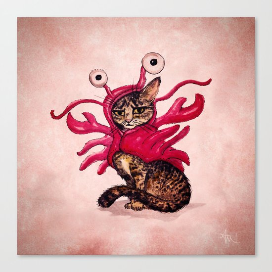 "Ma'ama Lisa" by Amber Marine ~ Lobster Cat, Watercolor and Ink, (c) 2015 Canvas Print